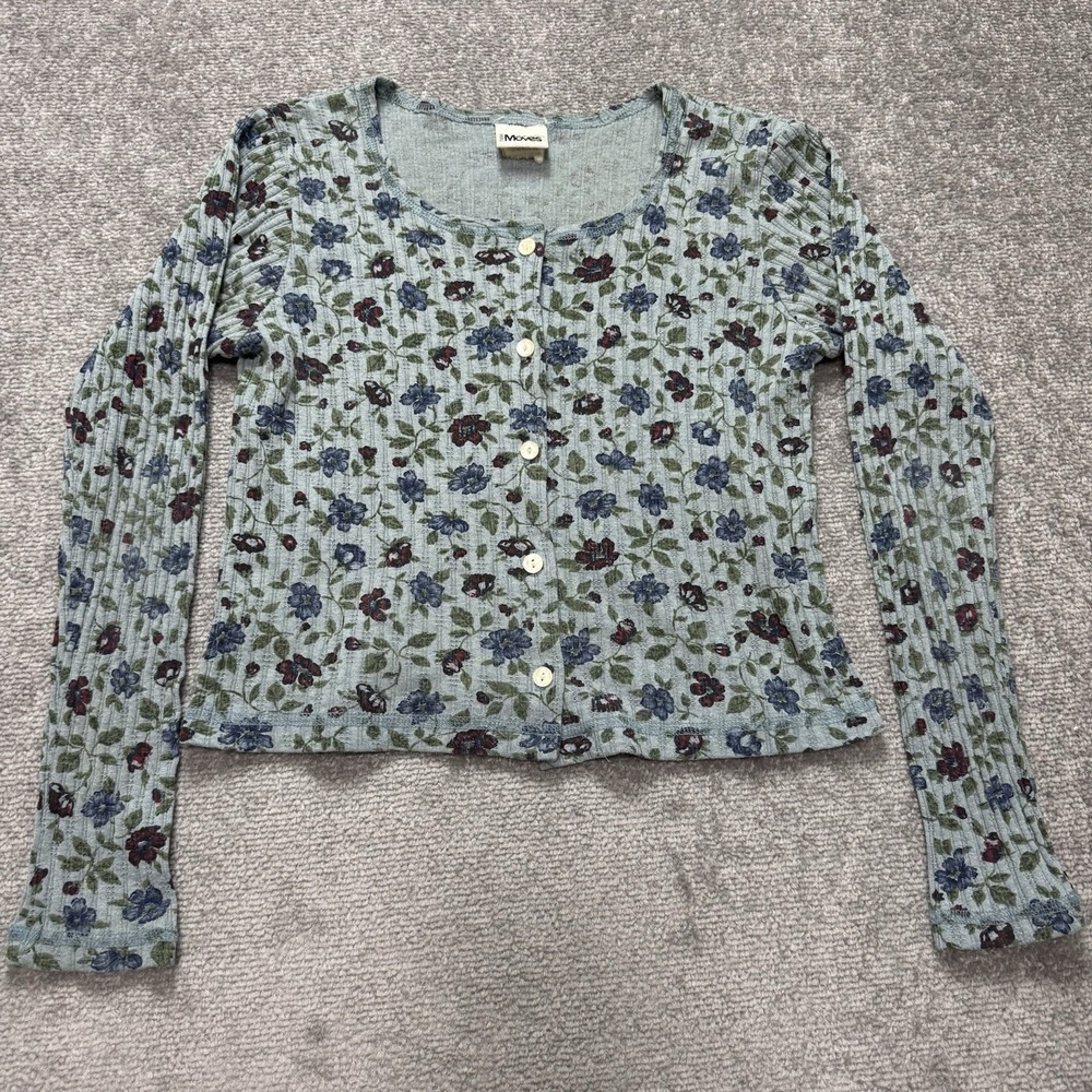 Vintage Y2K Long Sleeve Button Shirt Blue Floral "New Moves" Size Small